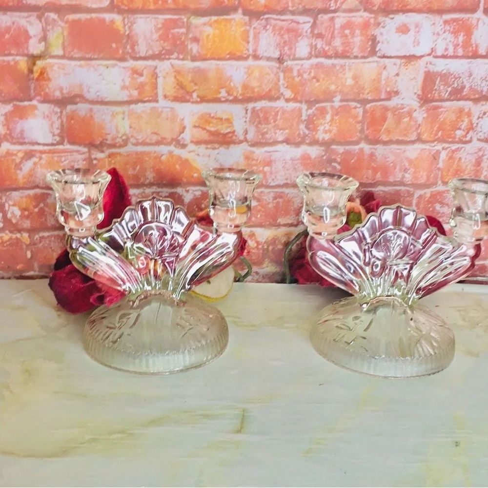 Antique Depression Glass Iris and Herringbone Pattern Double Candle Sticks
